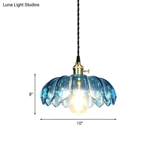 Industrial Scalloped Pendant Light - Blue Glass Hanging Lamp With Ribbed Cover Sizes: