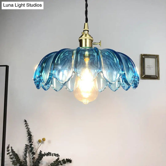 Industrial Scalloped Pendant Light: 8/10/12 Wide 1-Light Blue Glass Hanging Lamp In Brass With