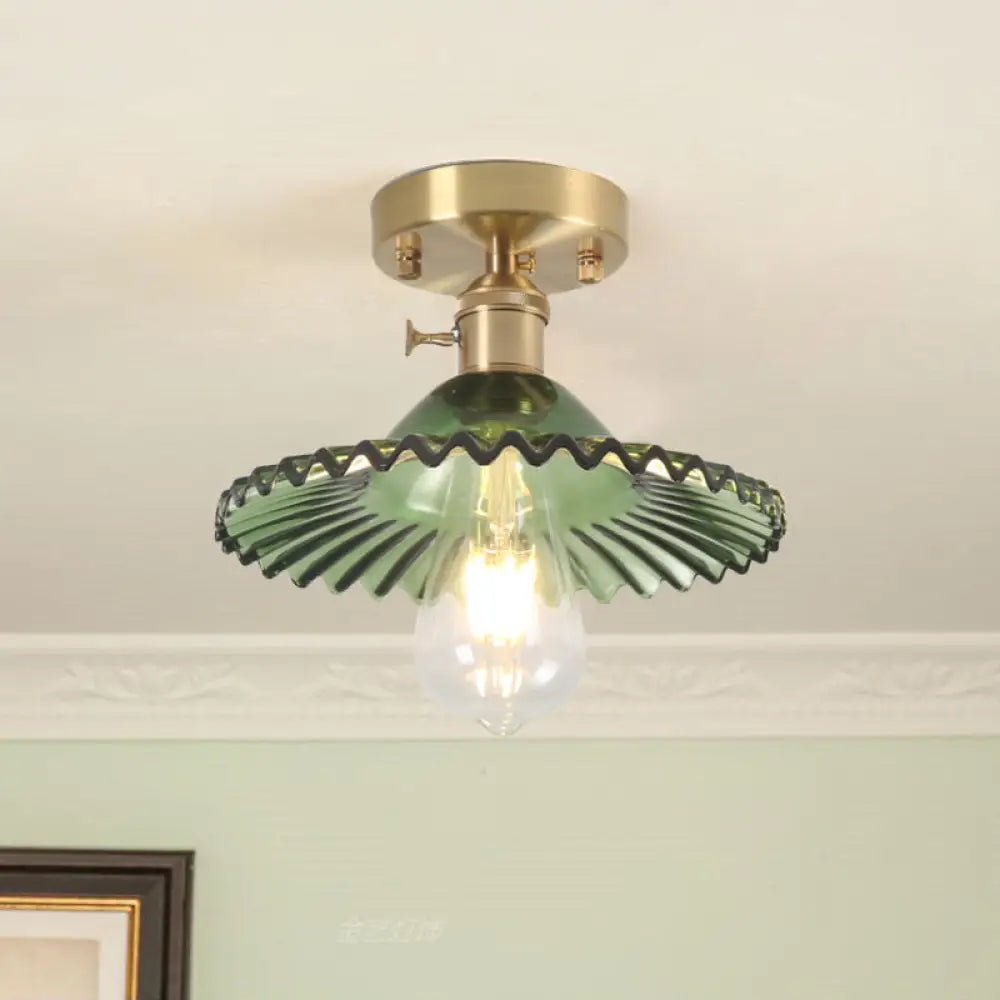 Industrial Scalloped Ribbed Glass Semi Flush Mount Light - Clear/Green Green