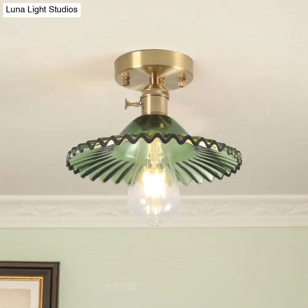 Industrial Scalloped Ribbed Glass Semi Flush Mount Light - Clear/Green Green