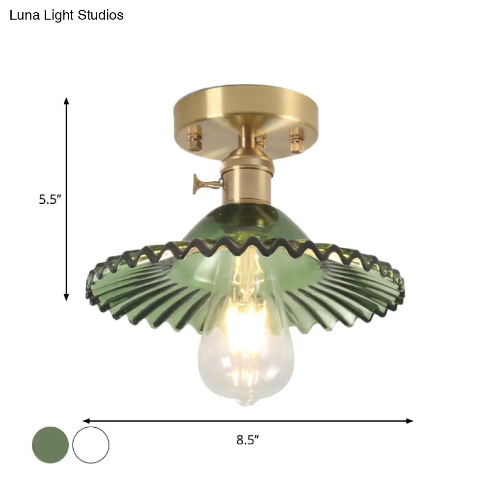 Industrial Scalloped Ribbed Glass Semi Flush Mount Light - Clear/Green