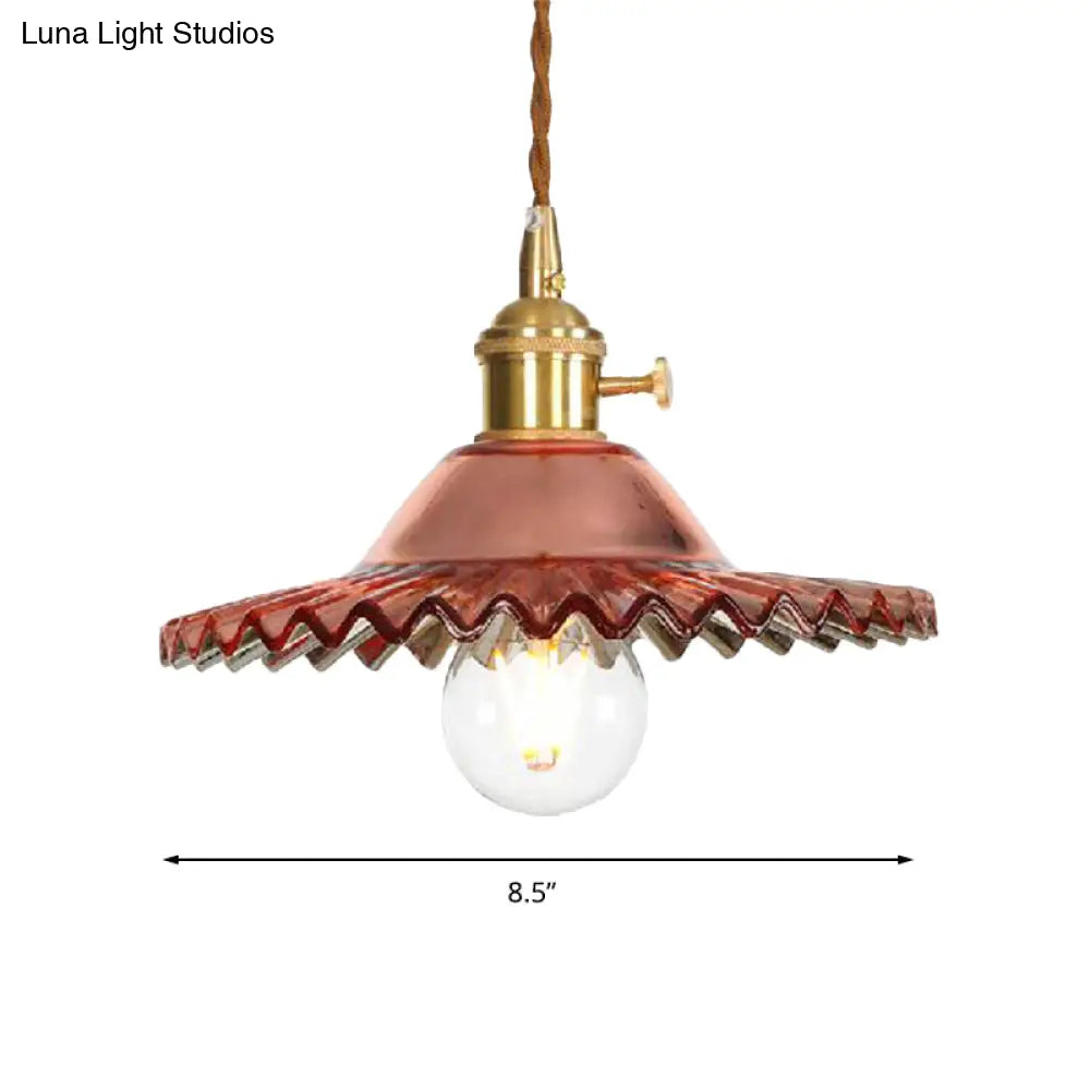 Industrial Scalloped Rose Gold Pendant Light With Amber Glass For Living Room Ceiling