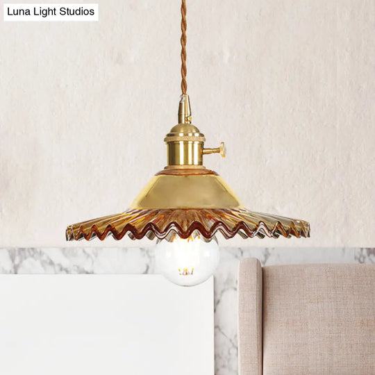 Industrial Scalloped Rose Gold Pendant Light With Amber Glass For Living Room Ceiling