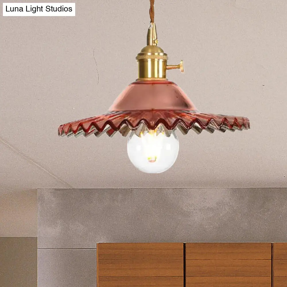 Industrial Scalloped Rose Gold Pendant Light With Amber Glass For Living Room