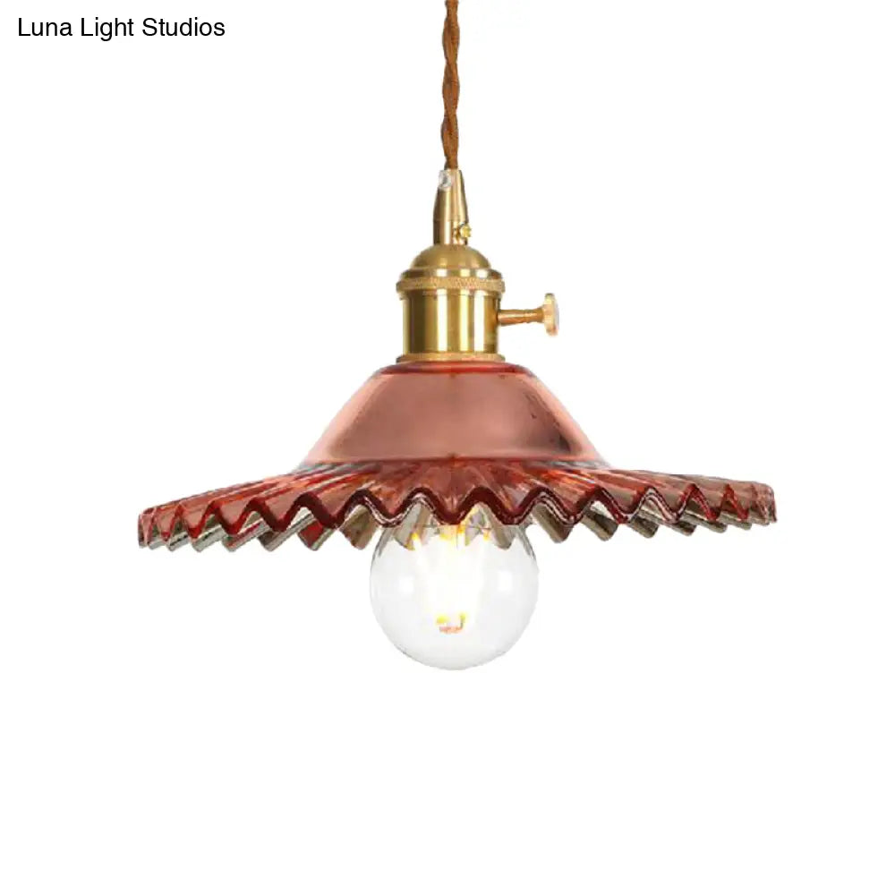 Industrial Scalloped Rose Gold Pendant Light With Amber Glass For Living Room Ceiling