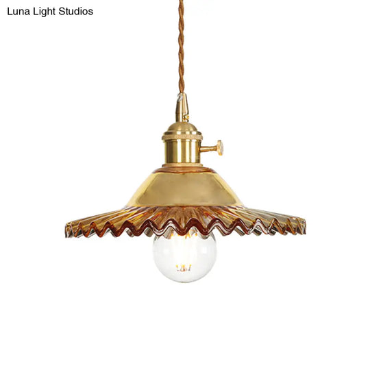 Industrial Scalloped Rose Gold Pendant Light With Amber Glass For Living Room Ceiling