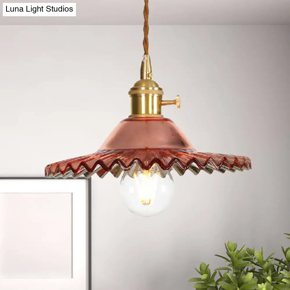 Industrial Scalloped Rose Gold Pendant Light With Amber Glass For Living Room