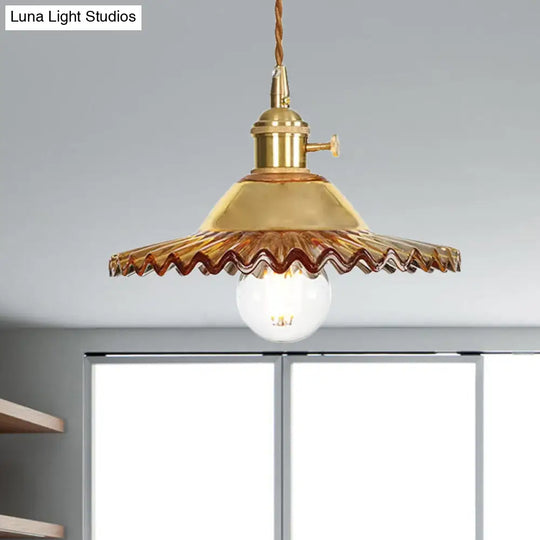 Industrial Scalloped Rose Gold Pendant Light With Amber Glass For Living Room