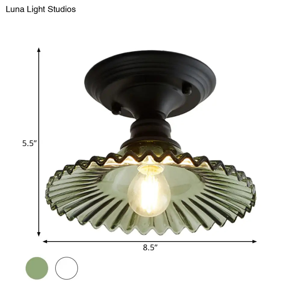 Industrial Scalloped Semi Flush Light - One Clear/Green Ribbed Glass Lighting Fixture For Indoor