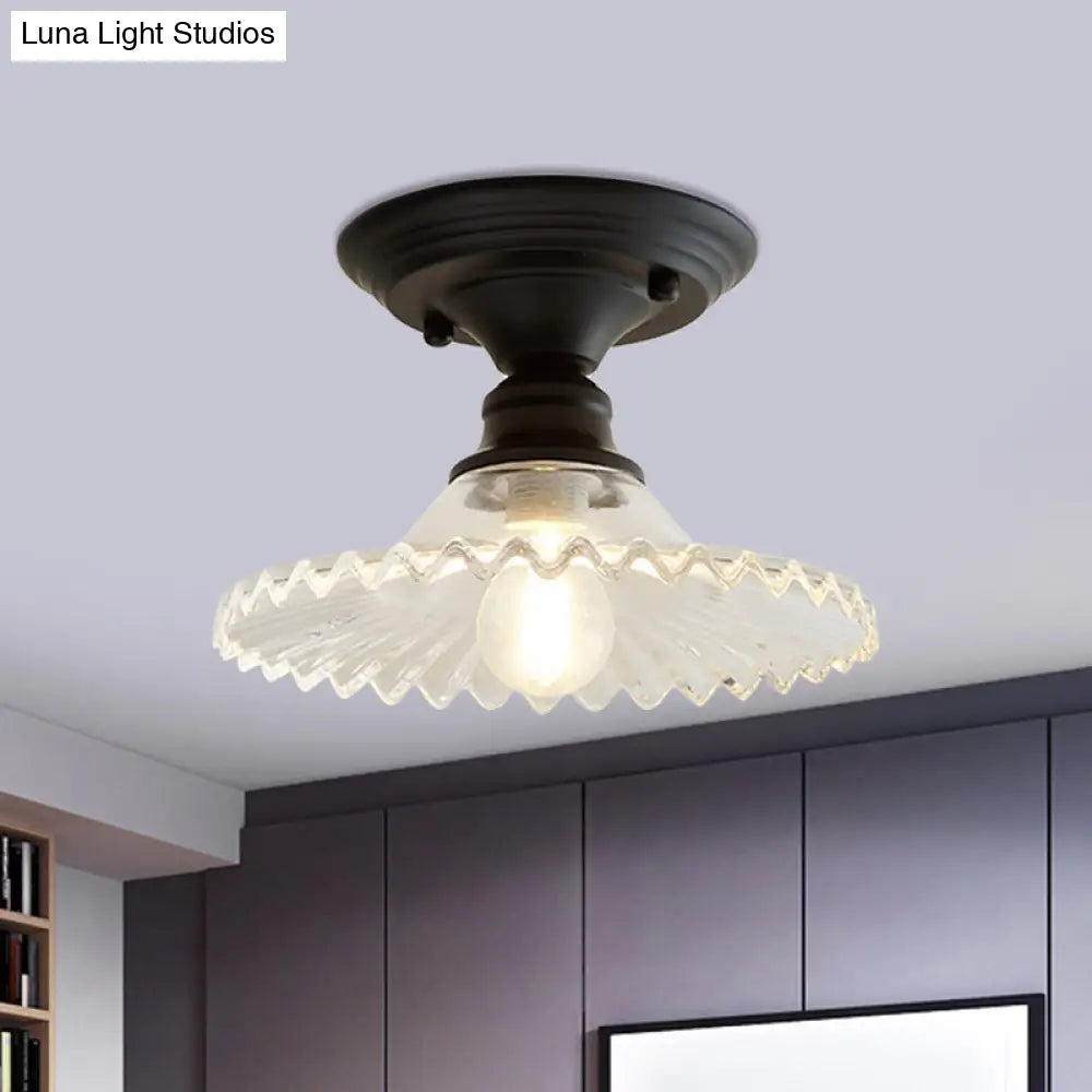 Industrial Scalloped Semi Flush Light - One Clear/Green Ribbed Glass Lighting Fixture For Indoor