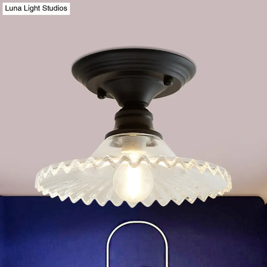 Industrial Scalloped Semi Flush Light - One Clear/Green Ribbed Glass Lighting Fixture For Indoor