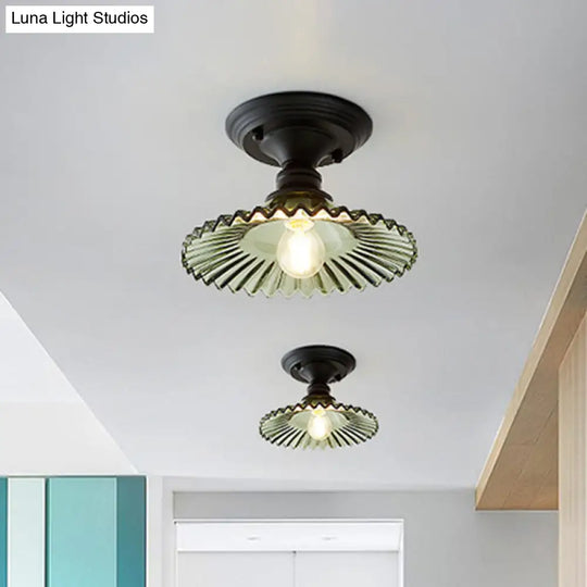 Industrial Scalloped Semi Flush Light - One Clear/Green Ribbed Glass Lighting Fixture For Indoor