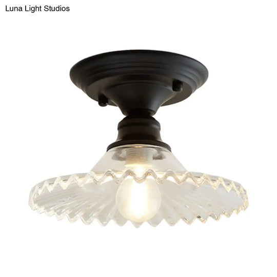 Industrial Scalloped Semi Flush Light - One Clear/Green Ribbed Glass Lighting Fixture For Indoor