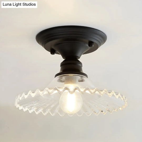 Industrial Scalloped Semi Flush Light - One Clear/Green Ribbed Glass Lighting Fixture For Indoor