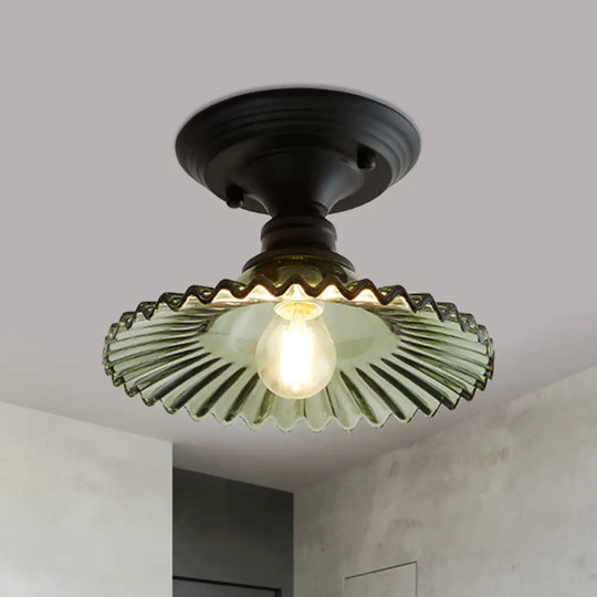 Industrial Scalloped Semi Flush Light - One Clear/Green Ribbed Glass Lighting Fixture For Indoor