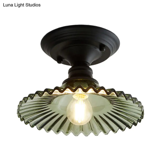 Industrial Scalloped Semi Flush Light - One Clear/Green Ribbed Glass Lighting Fixture For Indoor