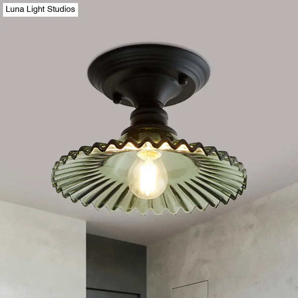 Industrial Scalloped Semi Flush Light - One Clear/Green Ribbed Glass Lighting Fixture For Indoor