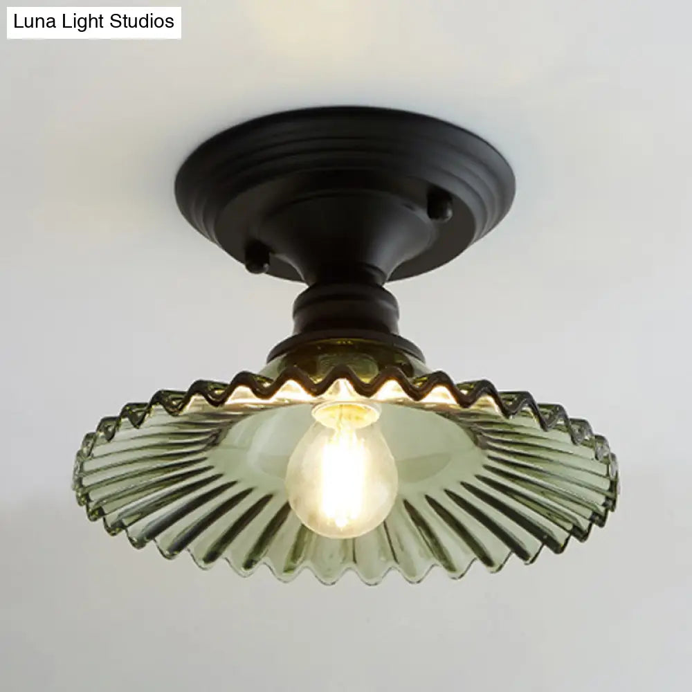 Industrial Scalloped Semi Flush Light - One Clear/Green Ribbed Glass Lighting Fixture For Indoor