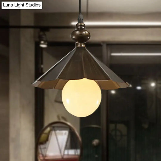 1-Head Industrial Rust Brown Scalloped Shade Pendant Light For Restaurants Metallic Ceiling Hanging