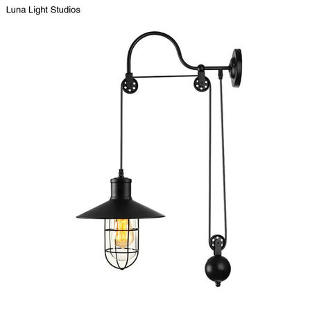 Industrial Sconce Light With Adjustable Pulley - Black Finish Clear Glass And Caged Design