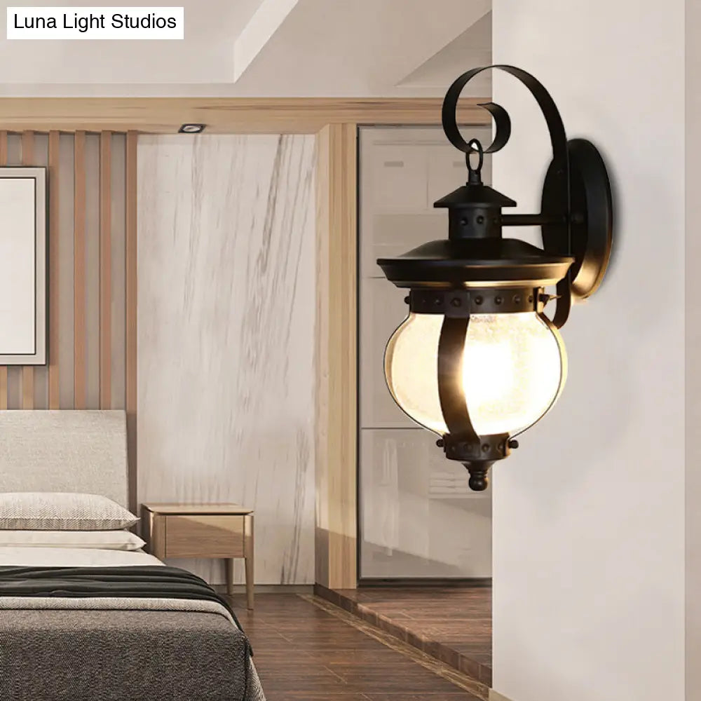 Industrial Seeded Glass Wall Lamp With Curved Arm For Bedroom - Single Bulb Sconce Light