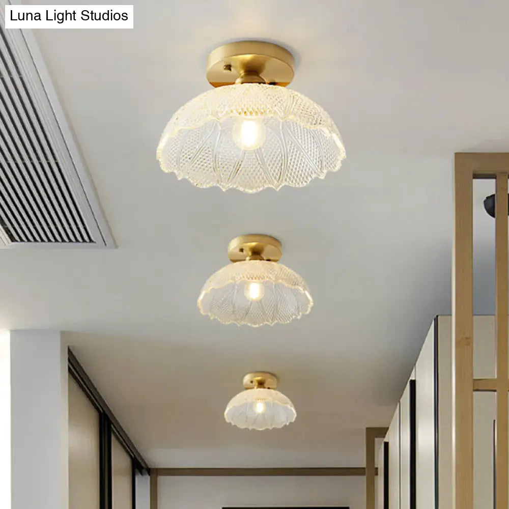 Industrial Semi Flush Ceiling Light Fixture With Clear Textured Glass Shade - 1-Light For Corridors