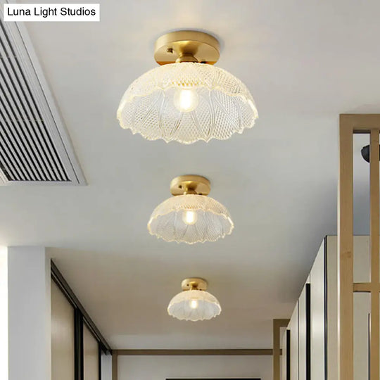 Industrial Semi Flush Ceiling Light Fixture With Clear Textured Glass Shade - 1-Light For Corridors