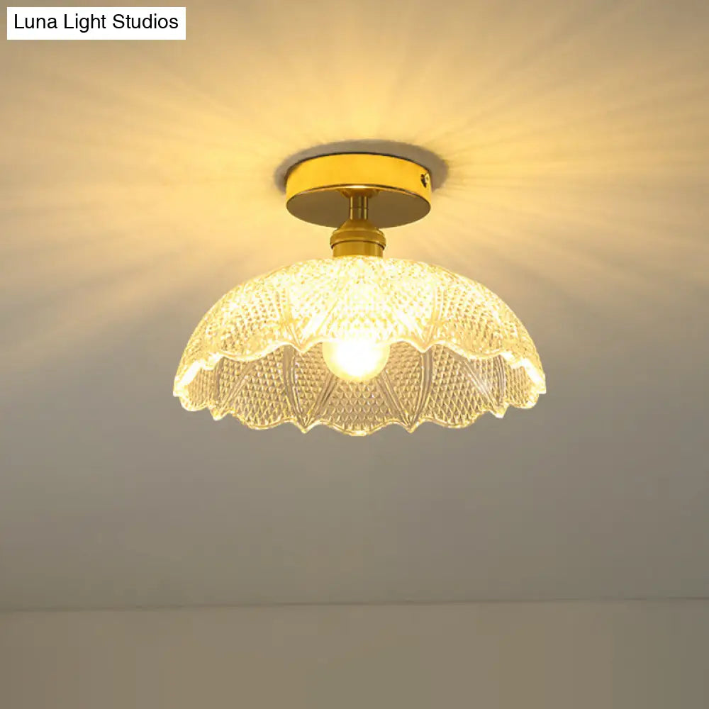 Industrial Semi Flush Ceiling Light Fixture With Clear Textured Glass Shade - 1-Light For Corridors