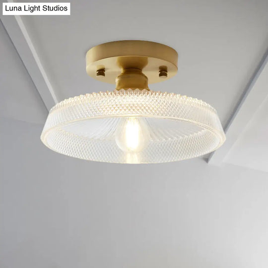 Industrial Semi Flush Ceiling Light Fixture With Clear Textured Glass Shade - 1-Light For Corridors