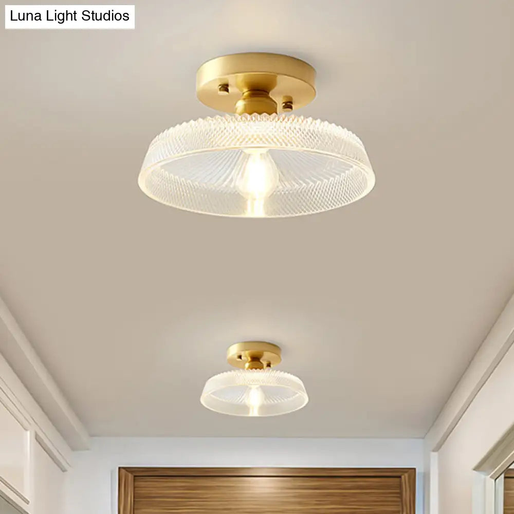 Industrial Semi Flush Ceiling Light Fixture With Clear Textured Glass Shade - 1-Light For Corridors