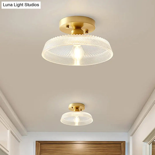 Industrial Semi Flush Ceiling Light Fixture With Clear Textured Glass Shade - 1-Light For Corridors