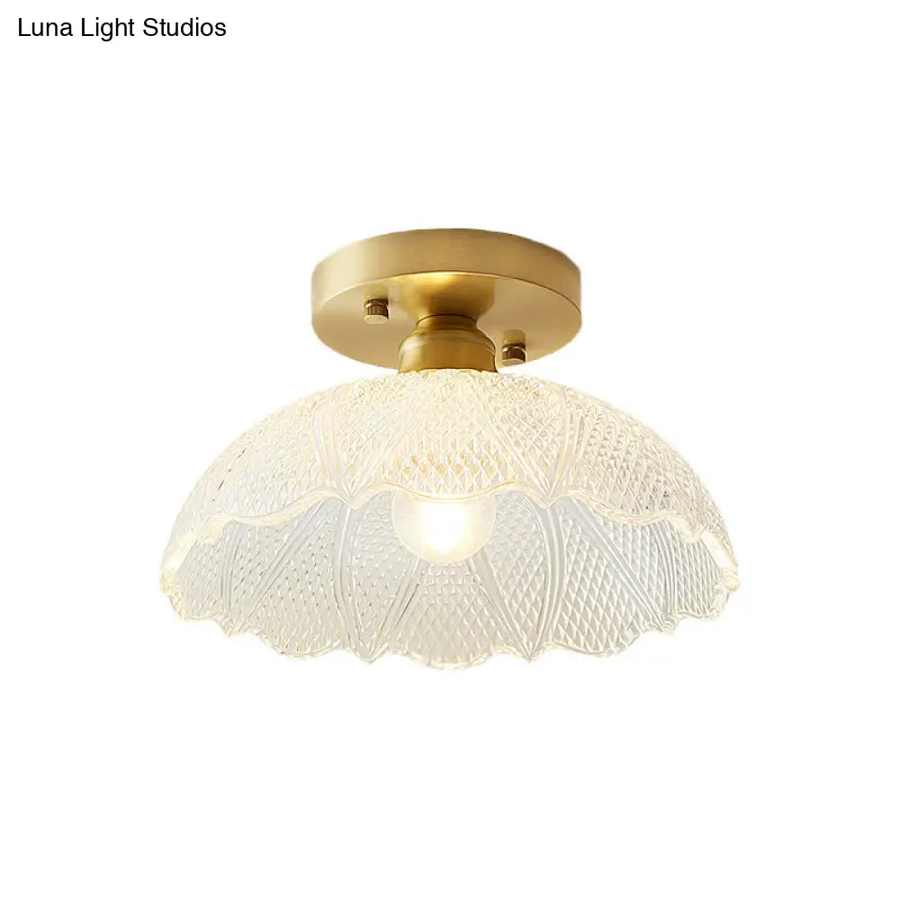 Industrial Semi Flush Ceiling Light Fixture With Clear Textured Glass Shade - 1-Light For Corridors