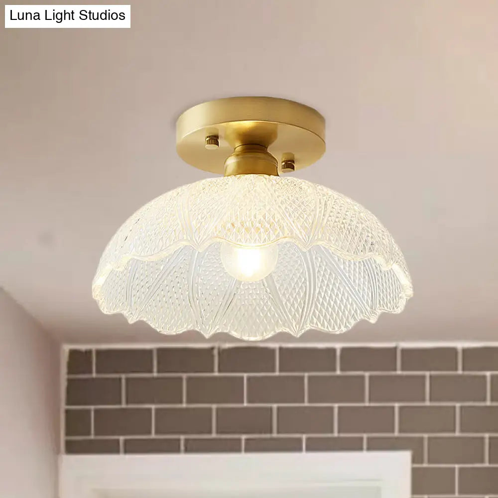 Industrial Semi Flush Ceiling Light Fixture With Clear Textured Glass Shade - 1-Light For Corridors