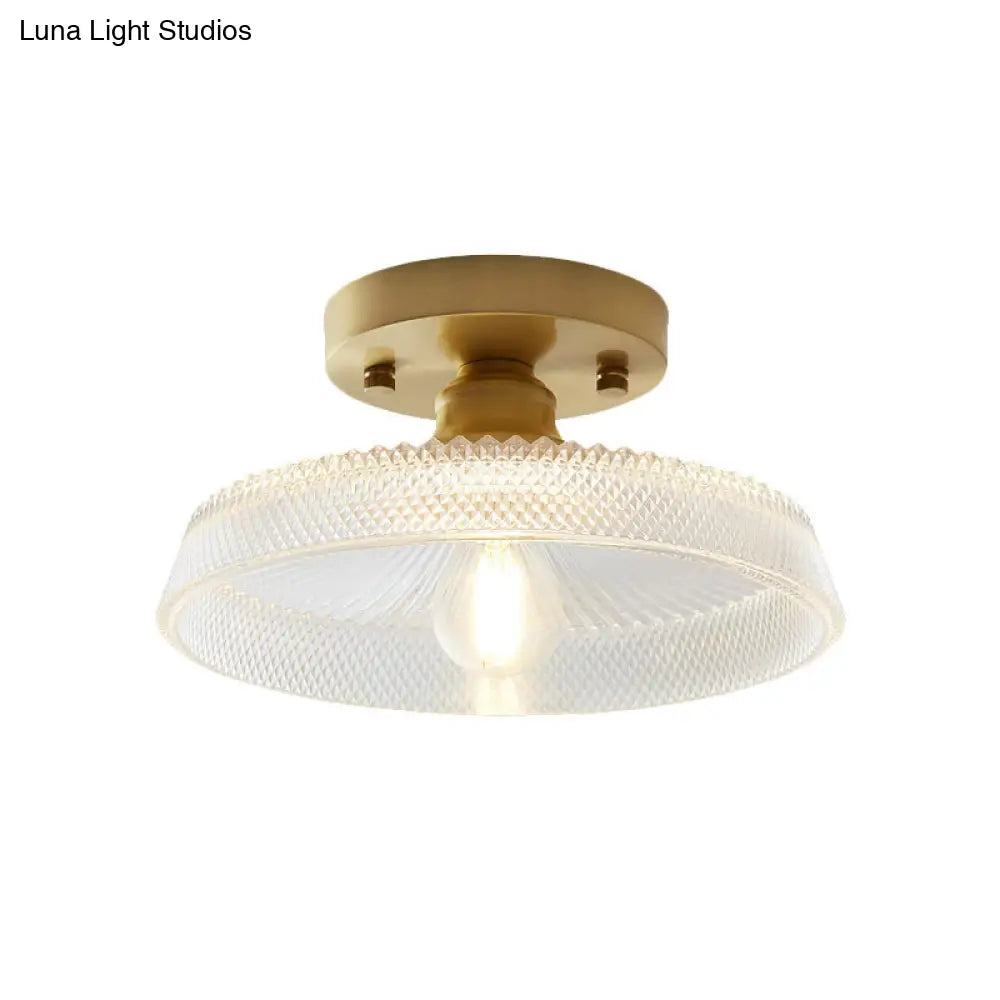 Industrial Semi Flush Ceiling Light Fixture With Clear Textured Glass Shade - 1-Light For Corridors