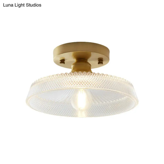 Industrial Semi Flush Ceiling Light Fixture With Clear Textured Glass Shade - 1-Light For Corridors