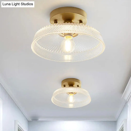 Industrial Semi Flush Ceiling Light Fixture With Clear Textured Glass Shade - 1-Light For Corridors