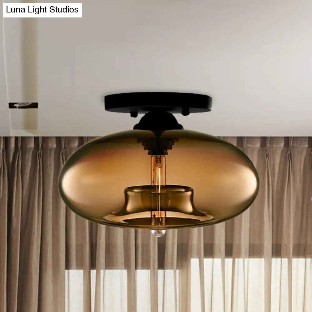 Industrial Semi Flush Ceiling Light With Oval Red/Brown/Blue Glass Shade - Black Finish Ideal For