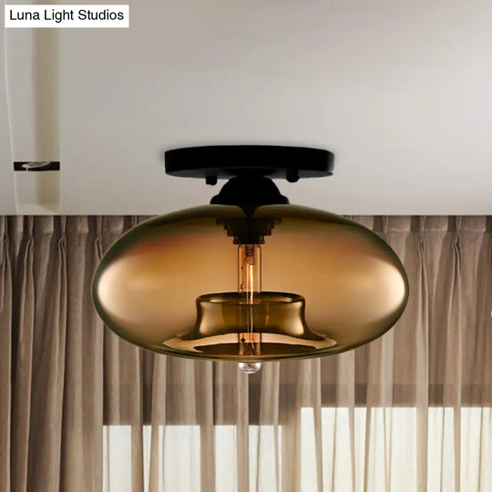 Industrial Semi Flush Ceiling Light With Oval Red/Brown/Blue Glass Shade - Black Finish Ideal For