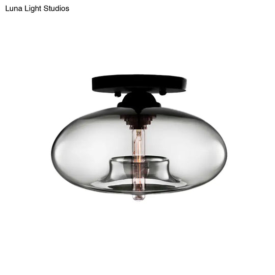 Industrial Semi Flush Ceiling Light With Oval Red/Brown/Blue Glass Shade - Black Finish Ideal For