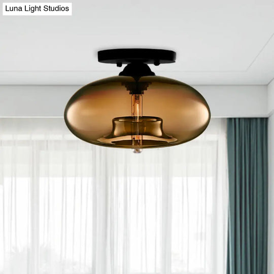 Industrial Semi Flush Ceiling Light With Oval Red/Brown/Blue Glass Shade - Black Finish Ideal For