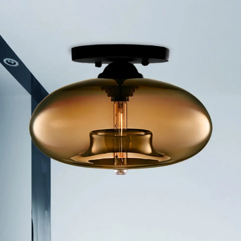 Industrial Semi Flush Ceiling Light With Oval Red/Brown/Blue Glass Shade - Black Finish Ideal For