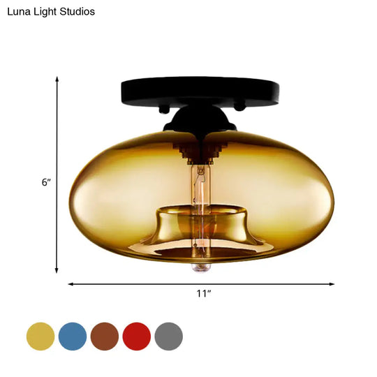 Industrial Semi Flush Ceiling Light With Oval Red/Brown/Blue Glass Shade - Black Finish Ideal For