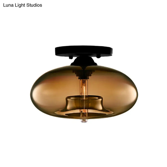 Industrial Semi Flush Ceiling Light With Oval Red/Brown/Blue Glass Shade - Black Finish Ideal For