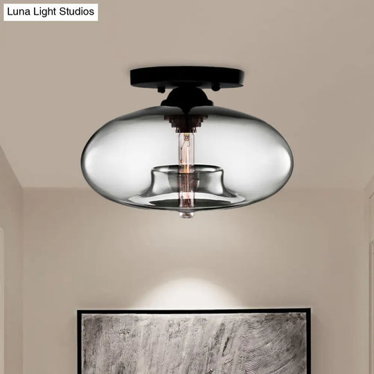 Industrial Semi Flush Ceiling Light With Oval Red/Brown/Blue Glass Shade - Black Finish Ideal For