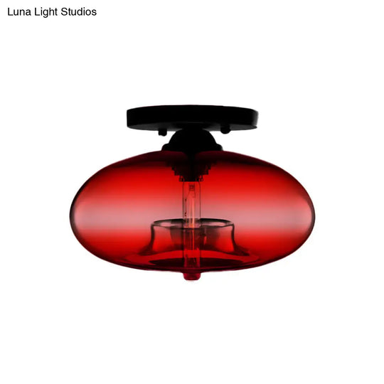 Industrial Semi Flush Ceiling Light With Oval Red/Brown/Blue Glass Shade - Black Finish Ideal For