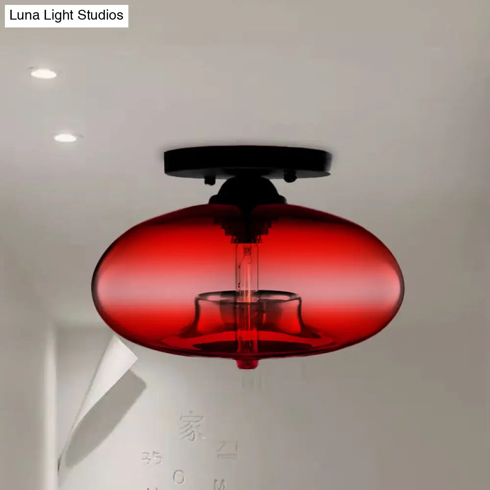 Industrial Semi Flush Ceiling Light With Oval Red/Brown/Blue Glass Shade - Black Finish Ideal For