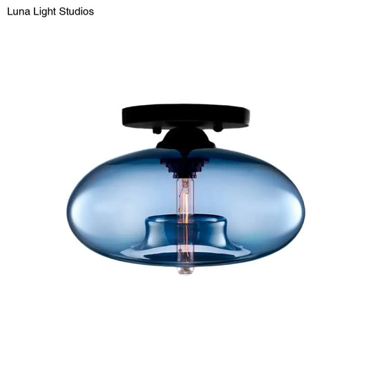 Industrial Semi Flush Ceiling Light With Oval Red/Brown/Blue Glass Shade - Black Finish Ideal For