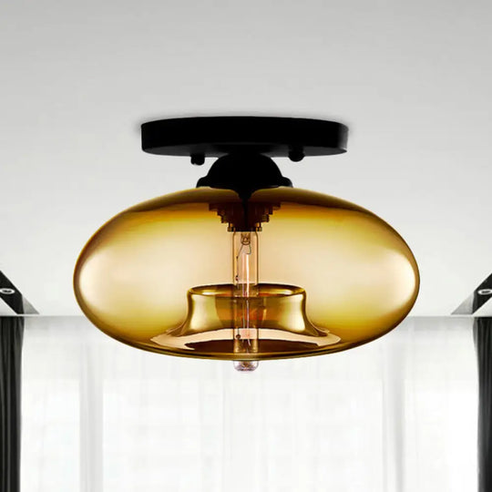 Industrial Semi Flush Ceiling Light With Oval Red/Brown/Blue Glass Shade - Black Finish Ideal For