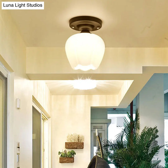 Industrial Semi Flush Light - Black Opal Glass Bowl Lighting Fixture For Corridor White