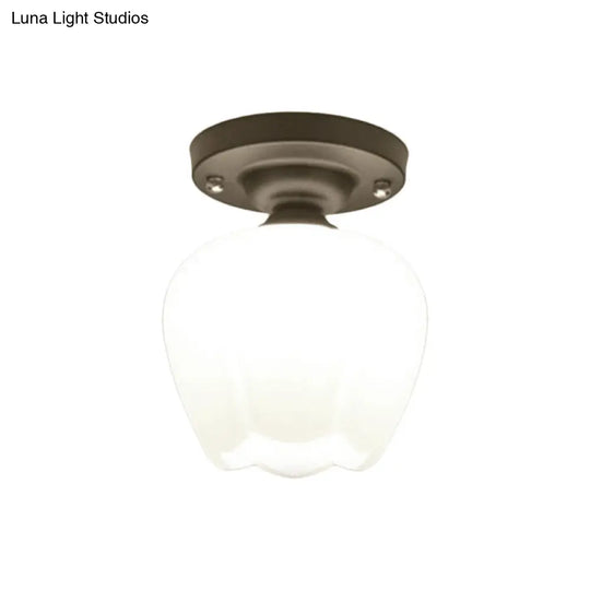 Industrial Semi Flush Light - Black Opal Glass Bowl Lighting Fixture For Corridor